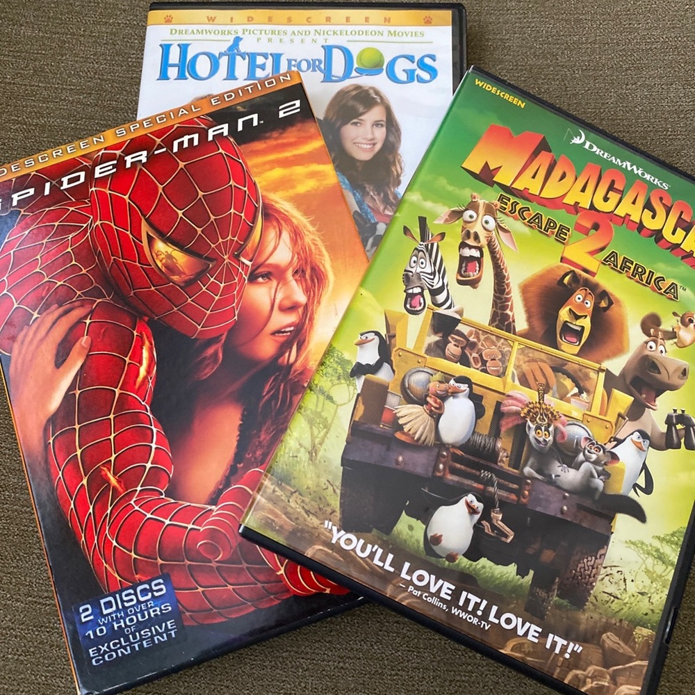 3 PG DVDs Hotel for Dogs, Spider-man 2and Madagascar